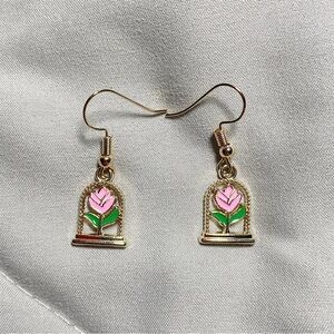 Earrings Pink Rose Enamel Gold Tone Disney Beauty and The Beast Floral Flower